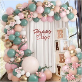 124pcs Sage Green Rose Peach Balloons Garland, Artificial Vines Eucalyptus Garland, We Can Expect Gender Revealing Boho Noise Baby Shower Birthday Party Decorations for Girls