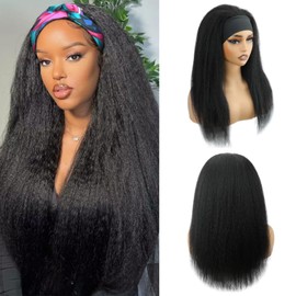 LIXION Headband Wig Human Hair 18 Inch Kinky Straight Headband Wigs for Black Women Yaki Straight Glueless Human Hair Machine Made None Lace Front Wigs Human Hair Natural Black color
