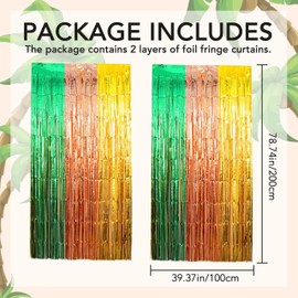 Hawaiian Luau Party Foil Fringe Curtains,2 Packs of 3.3x6.6 ft Green Brown and Yellow Foil Fringe Curtains,Tinsel Photo Booth Props,Streamer Backdrop for Hawaiian Tropical Beach Party Decorations