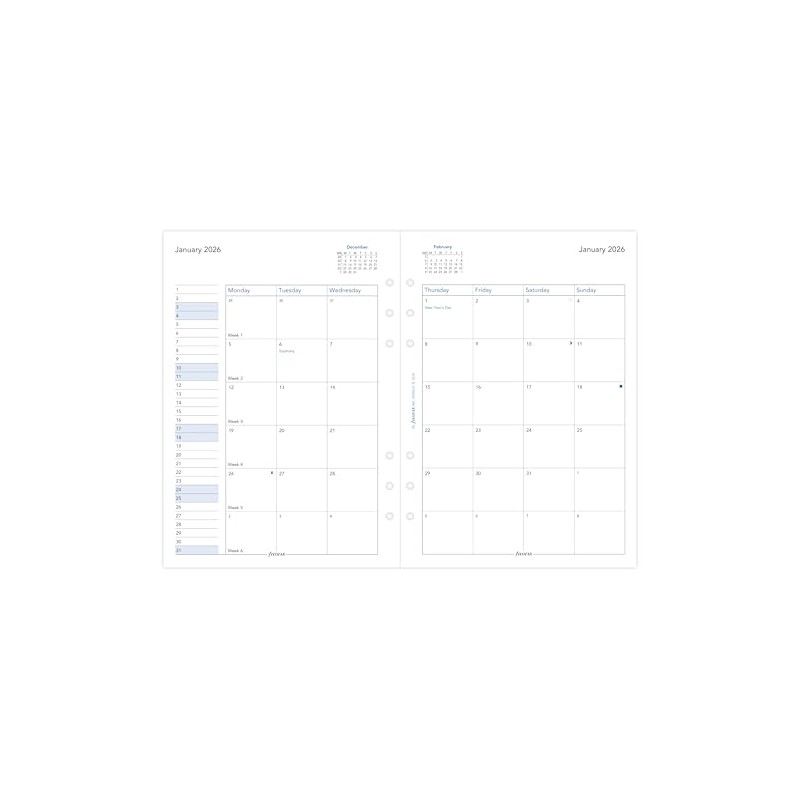 Filofax Personal Organizer Refill, Starts January 2026, A5 Monthly, White,