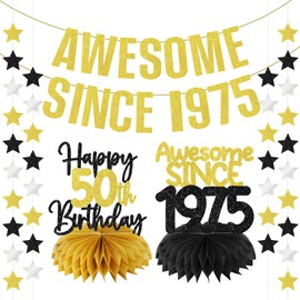 50th Birthday Decorations Awesome Since 1975 Gold Glitter Banner for Men Women, 4Pcs Black Gold Happy 50 Birthday Hanging Sign Party Supplies, Fifty Year Old Bday Table Honeycomb Centerpieces