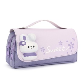 Cute Pencil Case for Girls, Portable Pencil Pouch Organizer for School Kids Elementary (Rabbit Purple)