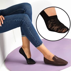 Zeltauto Women's Invisible Shoe Liner Anti Slip No Show Low Cut Lace Socks Casual Footies 4 Pairs (Black)(Size:M)