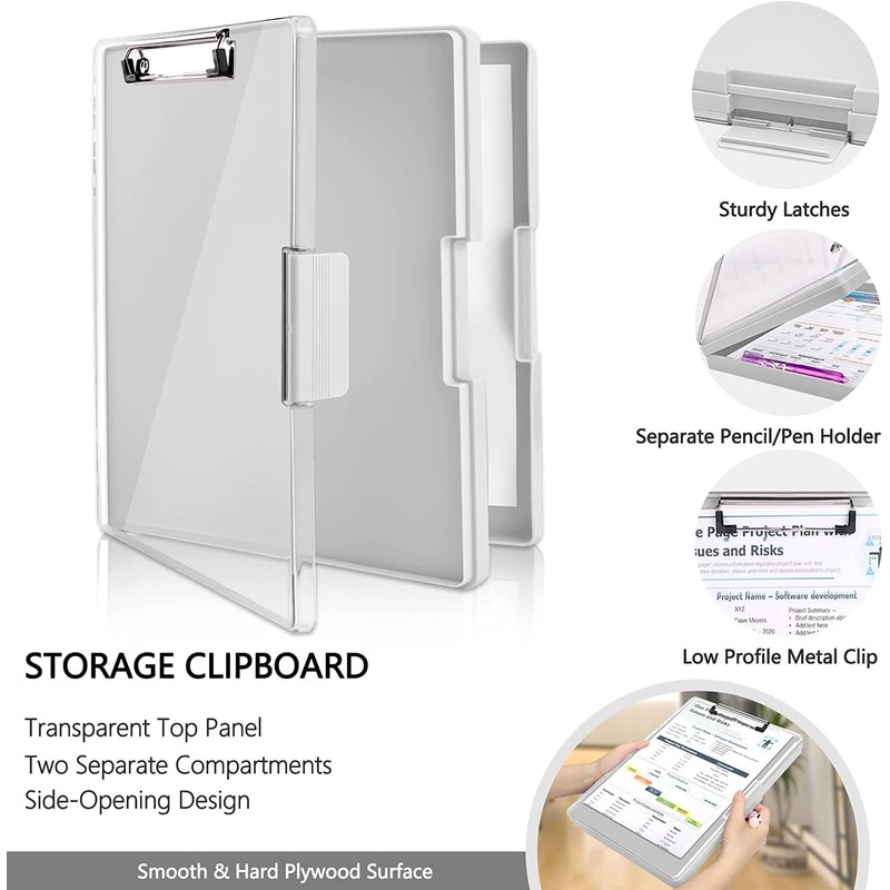 A4 Clipboard with Storage Compartment, 2 Storage and Side Opening
