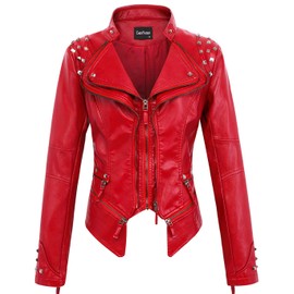 chouyatou Women's Fashion Studded Perfectly Shaping Faux Leather Biker Jacket (Large, Red)
