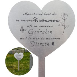 Powerruif Grave Stake Stainless Steel Heart, Grave Ornament, Weatherproof, Grave Decoration with Saying "Du Somemal Bist du in Unseren Träumen, Oft in Unseren Gedanken und Immer in Unseren Herzen