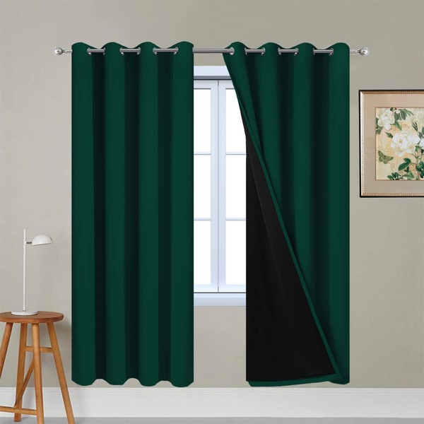 Yakamok 63 Inch Length Full Blackout Curtains for Bedroom, 2 Thick Layers Grommet Top Thermal Insulated Soundproof Drapes with Black Liner for Living Room(52Wx63L,Dark Green, 2 Panels)
