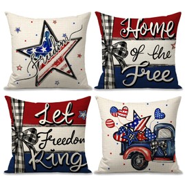 FUYUCHEN 4th of July Throw Pillow Covers 18x18 Inch Set of 4 Let Freedom Ring America Stars Stripes Car Patriotic Independence Memorial Day Pillow Cases for Sofa Couch Home Farmhouse Decorations