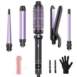 5 in 1 Curling Iron Curling Wand Set with Thermal Brush, Flat Iron Hair Straightener, 3 Ceramic Curling Irons (0.35 "-1"), 13 Adjustable Temps Hair Curler Waver, Anti-Scald Mat & Clips-Plum Purple