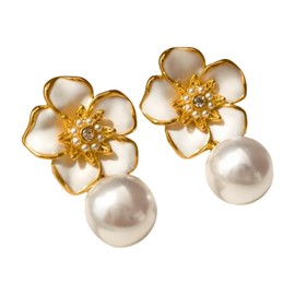 Teardrop Ball Beaded Flower Drop 14K Gold Plated Earings for Women Gold Dangle Hypoallergenic Elegant Gold Pearl Earings for Teen Girls Gifts-A