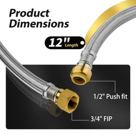 1 Pack Foskan 12-Inch Flexible Water Heater Connector Hose,with 1/2" Push-Fit x 3/4" FIP,Compatible with Copper, PEX, CPVC, and PE-RT Pipes for Water and Heating Use（12" Length）