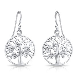 DTPsilver® 925 Sterling Silver Drop/Dangle Hook Tree of Life & Cubic Zirconia CZ Earrings - Diameter: 17 mm - Dimensions: 17 x 32 mm