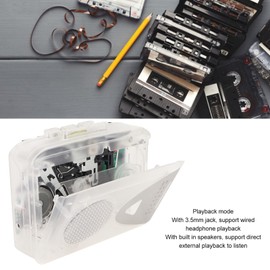 Portable Cassette Player with Built-in Speakers, 3.5mm Jack, FM/AM Radio, USB Powered, Cassette Tape Player, for Home and Outdoor Use (Transparent)