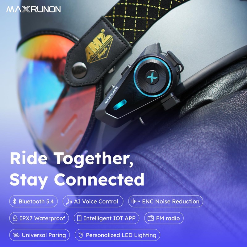 MAXRUNON D10 Bluetooth Headset for Motorcycle, Smart Voice Control, 4-Rider