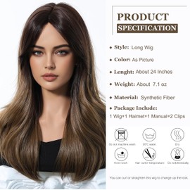 Esmee Long Straight Ombre Brown Wig for Women with Curtain Bangs Natural Synthetic Hair Wigs for Daily Party Use