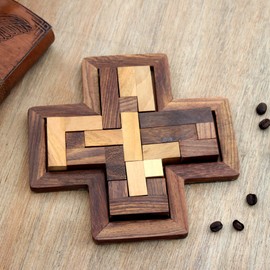 NOVICA Handmade Wood Puzzle Crossshaped Acacia Haldu from India Brown Chess Sets Games Puzzles 'Cross Challenge'