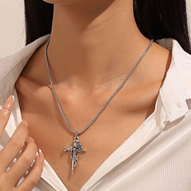Xduargs Punk Sword Cross Necklace Choker Vintage Sword Dagger Choker Necklace Gothic Sword Cross Pendant Necklace Silver Vine Flower Cross Necklace Jewelry for Women and Girls