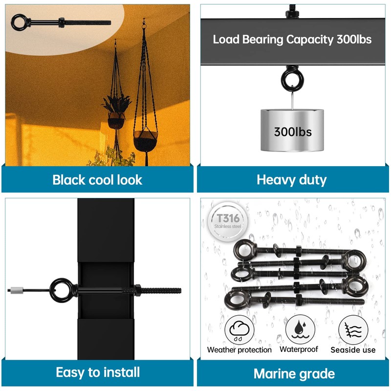 Muzata 5 Pack 1/4" x 5" Black Eye Bolts with