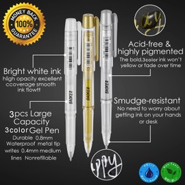 Qionew 3 Colors Gel Pen Set - White, Gold and Silver .1mm Extra Fine Point Pens Gel Ink Pens Opaque Archival Ink Pens for Black Paper Drawing, Sketching, Illustration, Card Making, Bullet Journaling
