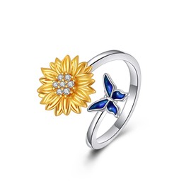 Sunflower Ring for Anxiety Women 925 Sterling Silver Butterfly Stress Relief Calm Rings Jewelry