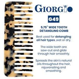 Giorgio G49 White Tokio, Large Wide Tooth Detangling Comb for Thick Curly Wavy Hair. Wet & Dry Hair Detangler - Handmade of Quality Cellulose, Saw-Cut, Hand Polished