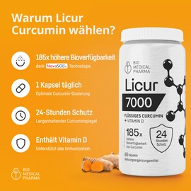 Turmeric Capsules with Vitamin D3 - 185x Higher Bioavailability - High Dose Micellar Curcumin - 1 Capsule Daily - Equivalent to 6,600 mg Turmeric Powder - Licur 7000 with Vitamin D (2 Month Pack)
