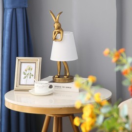 RUIQBMAY Bunny Table Lamp, Resin Animal Rabbit Lamp, LED Bunny Decor Lamp with Fabric Shade, Vintage-Style Component,Suitable for Office Study and Bedside (White H15.7)