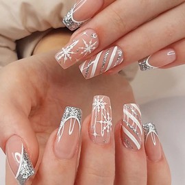 Christmas Bling French Tip Press on Nails Medium Square Fake Nails with Silver Glitter Strips Designs Snowflake False Nails Winter Xmas Glue on Nails Artificial Stick on Nails for Women Girls 24Pcs