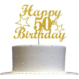 50 Birthday Cake Topper Gold Glitter, 50th Party Decoration Ideas, Premium Quality, Sturdy Doubled Sided Glitter, Acrylic Stick. Made in USA