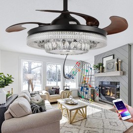 efperfect 42" Reversible Fandelier Ceiling Fan with Lights Bluetooth Speaker, Smart 7 Color Dimmable Crystal Chandelier with Remote Control, 6-Speeds Retractable Black Fan Lighting for Indoor Decor