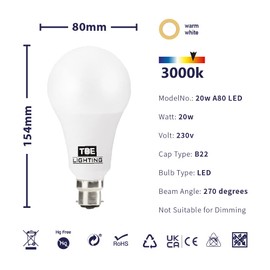 TBE LIGHTING 20W LED A80 Bulb - B22 Standard Bayonet Fitting, 150w Equivalent Non-Dimmable Energy Saving LED A80 Bulb, 1800 Lumen Output, 20,000Hrs Life Expectancy (3000K Warm White)