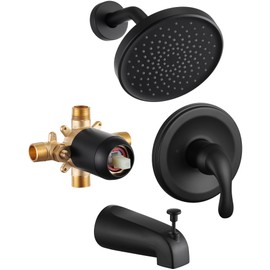 FROPO Black Tub Shower Faucet Set with Valve - 6 Inch Black Shower Head and Handle Set, High Pressure Bathtub Shower Faucet Set with Rain Shower Head and Tub Spout Single-Spray, Matte Black