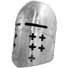 Medieval Warrior Knight Sugarloaf Armor Crusader Helmet with Wooden Display Stand Reenactment Helmet | Cosplay SCA (Silver)