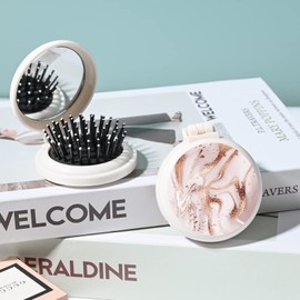 Mini hairbrush, pocket hairbrush with mirror, portable for purse/pocket, travel size (Golden marble)