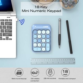FELiCON Wireless Numeric Keypad, 2.4GHz Portable Mini Number Pad with Cute Color Fight Retro Round Key and USB Receiver, 18-Keys Financial Accounting Numeric Keypad for Laptop, PC, Desktop (Blue)