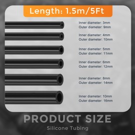 DMiotech 6Pcs Silicone Vacuum Hose Automotive,1/8" 5/32" 3/16" 1/4" 5/16" 3/8" ID High Performance Silicone Vacuum Tubing Hose Line Kit 130PSI Max Pressure, 5FT Black