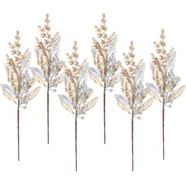 Sea Team 6-Pack Artificial Glitter Berry Twigs, Bacca Stem Ornaments, Decorative Sticks, Picks, Branches for Christmas Tree, Wreath, Vase Fillers for Centerpieces, Home Décor, Champagne & Silver