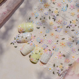 Flower Nail Stickers Embossed Self Adhesive Nail Decals Colorful Nail Art Stickers Mixed Shapes Small Daisy Flowers Green Leaves Design Spring Summer Decoration DIY Manicure Accessories Kit