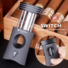KEENSUN 3-in-1 Zinc Alloy V-Cut Cigar Cutter (Gray) with Cigar Holder on The Back and Cigar Punch at The Bottom, 60 Ring Gauge, 420J2 Stainless Steel Cut Blade in Gift Box