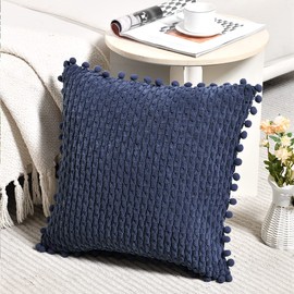 Fancy Homi Set of 2 Navy Blue Decorative Throw Pillow Covers 18x18 Inch with Pom-poms for Couch Bedroom Living Room, Modern Farmhouse Boho Home Decor, Soft Plush Corduroy Cute Cushion Case 45x45 cm