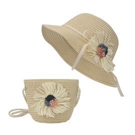 YJZQ Mädchenhut mit Sonnenhut und Tasche aus Stroh, Prinzessin, Strandcapeline, weich, Blumenstil, Provence, niedlich, 50 – 52 cm, weiche Mütze, großes Visier, atmungsaktiv, für Reisen, beige, 50/52