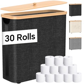 Toilet Paper Storage with Bamboo Lid, 33.8L Foldable Toilet Paper Basket Organizer Holder for up to Regular 30 Rolls Or 12 Mega Rolls, Waterproof Free Standing Toilet Paper Holder for Bathroom, Black