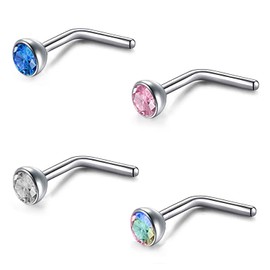 ZS 4pcs 20g 23mm CZ L Shape L Shaped Nose Ring for Women, crystal rhinestone, Cubic Zirconia