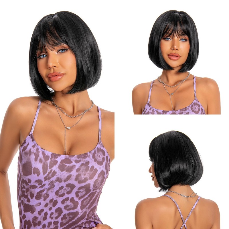 Pelucas Corta de Bob para Mujer con Flequillo (12’’/30cm, Negro)