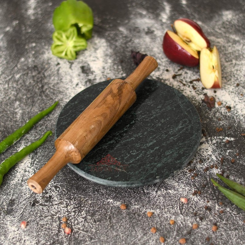 IBLAY Green Marble Chakla with Wooden Belan/Rolling Pin Board/Roti Maker/Chakla