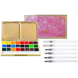 COOLPIPIT Travel Watercolor Paint Set, Watercolor Paints, 24 Color Palette, Set of 6, Stylish, Cute, 3D Quicksand Palette, Gift, Water Brush, Perfect for Porting! (Pink)