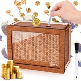 Homgaty Wooden Money Box, Savings Box Challenge 5000 Pounds Counting Money Box Wooden Money Tin With Erasable Pen,Cash Saving box Help Budget Boxes for Children