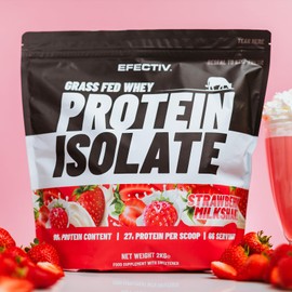 EFECTIV Grass Fed Whey Protein Isolate | 90% Protein Content | Build Muscle and Strength | 27 Grams 100% Protein Isolate | Low Fat and Low Sugar | 66 Servings | 2kg (Strawberry Milkshake)