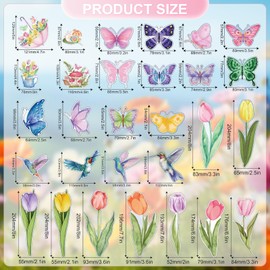 JEKUGOT 8 Sheets Spring Summer Window Stickers Tulips Hummingbird Butterfly Flower Window Clings Double-Sided Stained Glass Clings Floral Window Clings for Spring Window Decorations