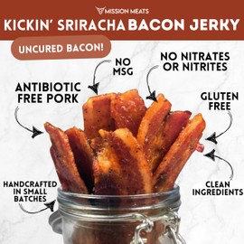 Mission Meats Candied Bacon Jerky (Sriracha) – The Perfect Delicious Savory & Sweet Snack, Bloody Mary Bar Supplies, Gift – Uncured, Small Batch, Gluten Free, 2oz (Pack of 3)